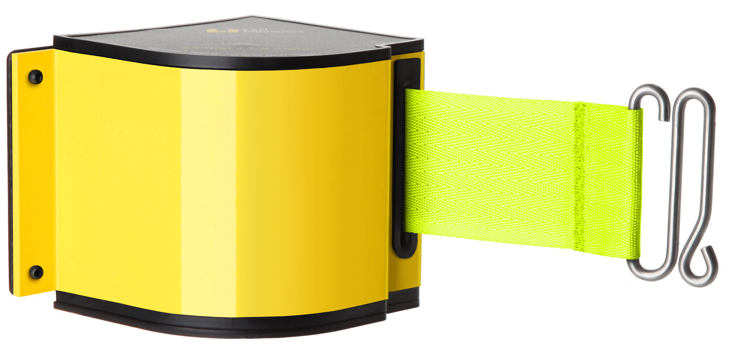 Retractable belt barrier standard yellow belt mounted on upright