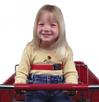Child secured in shopping cart with Safe-Strap seat belt