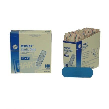 BluFlex blue strip bandages 100-count box deployed