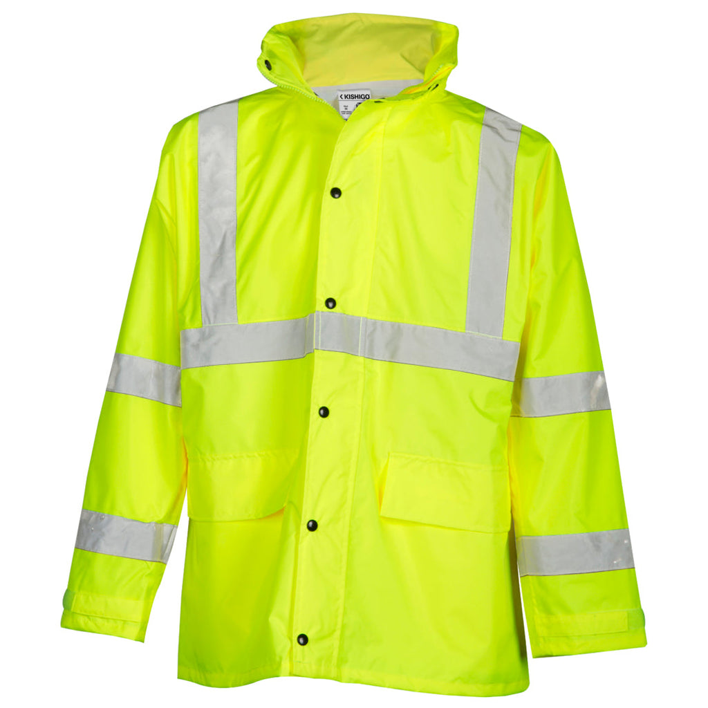 Hi-vis reflective rainwear jacket front view
